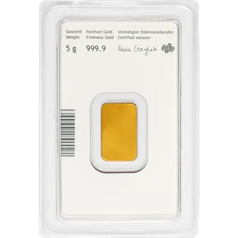 Back of the Gold bar 5 g - Austrian Mint in the blister card