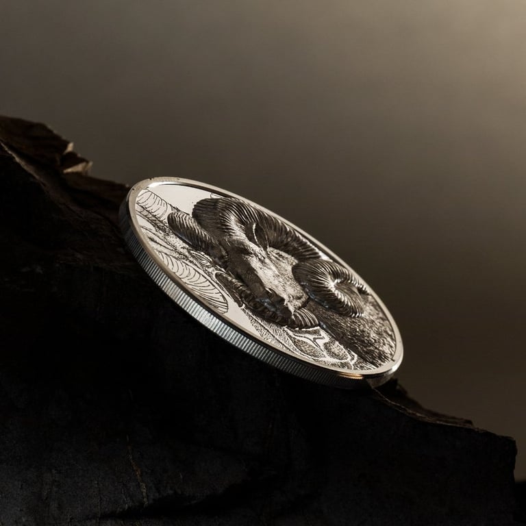 Side view of the Silver Magnificent Argali 1 oz PF - High Relief - 2022