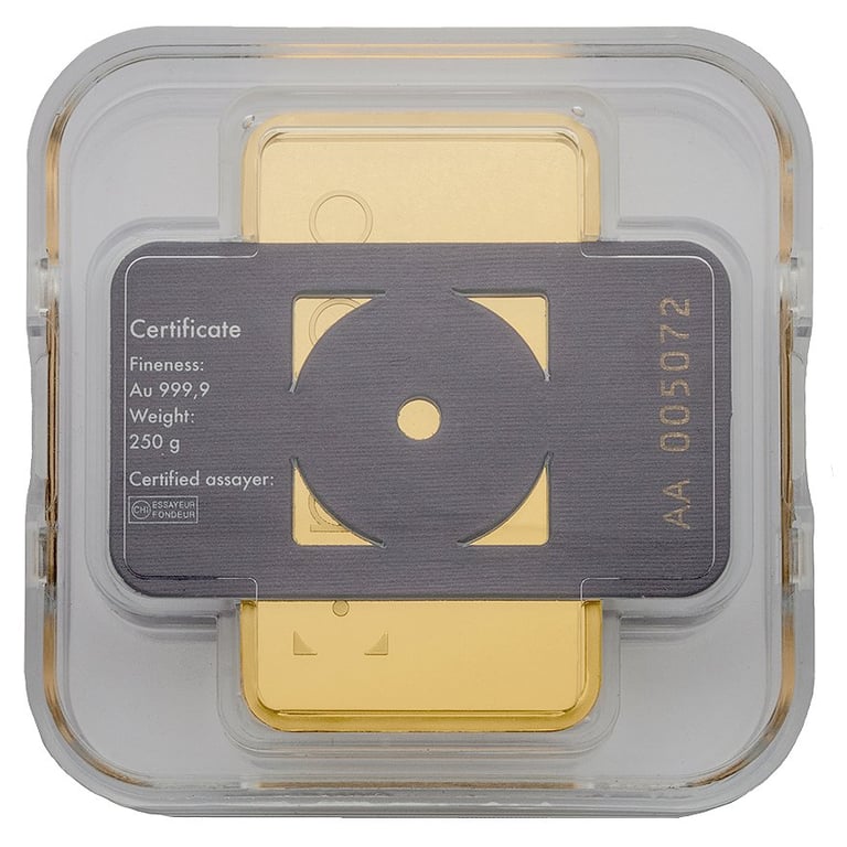 Back of the Gold bar 250 g - philoro in the blister card