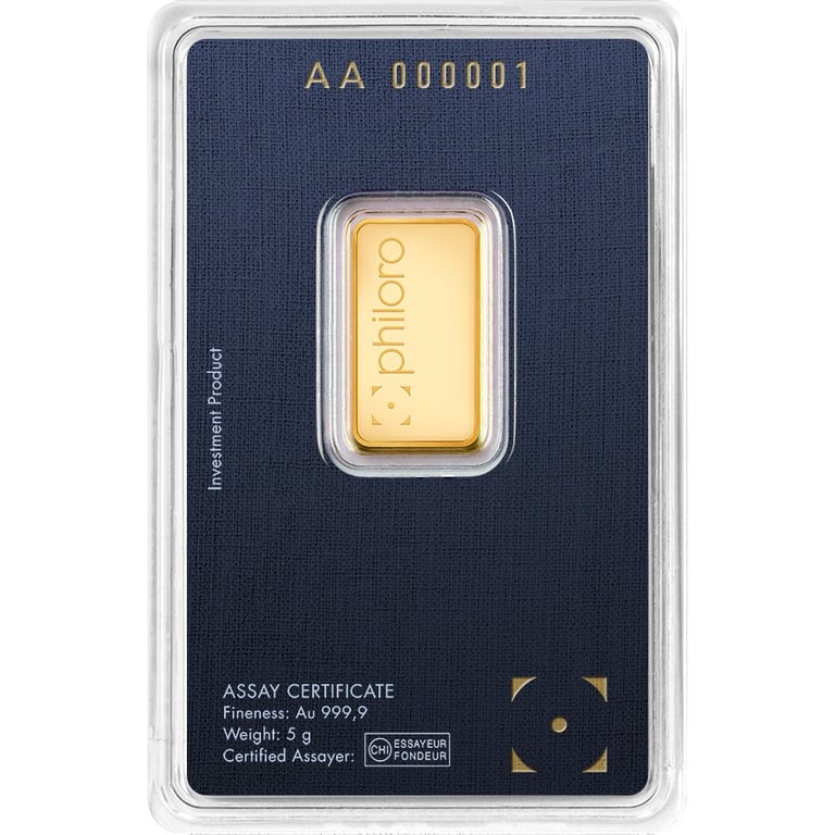 Back of the Gold bar 5 g - philoro in the blister card