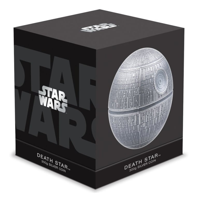 Original case of the Silver STAR WARS Death Star - 3D round coin 300 g antique finish