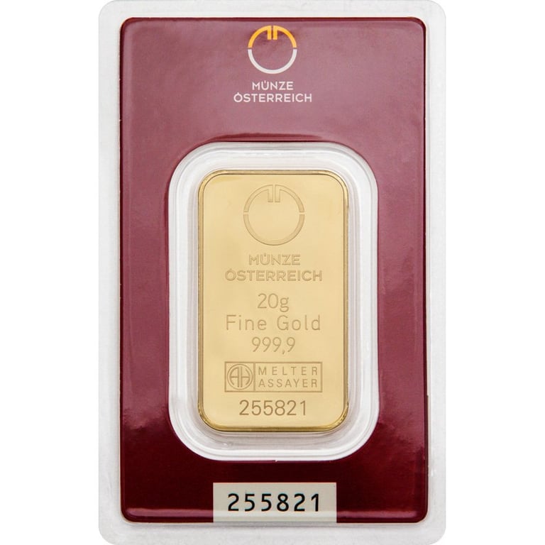 Front of the Gold bar 20 g - Austrian Mint in the blister card