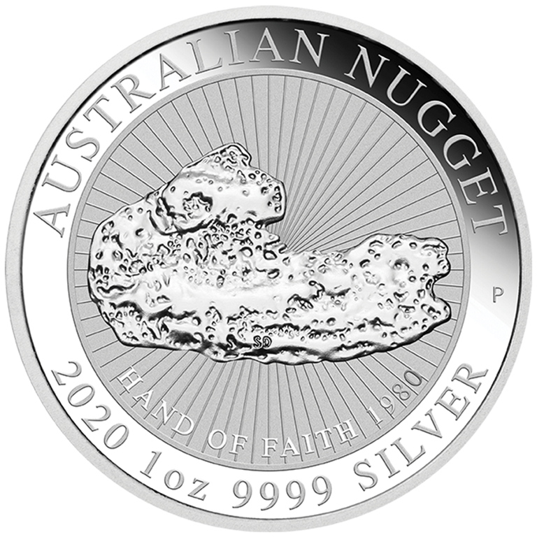 Front of the Silver Australian Nugget 1 oz - Hand of Faith 2020