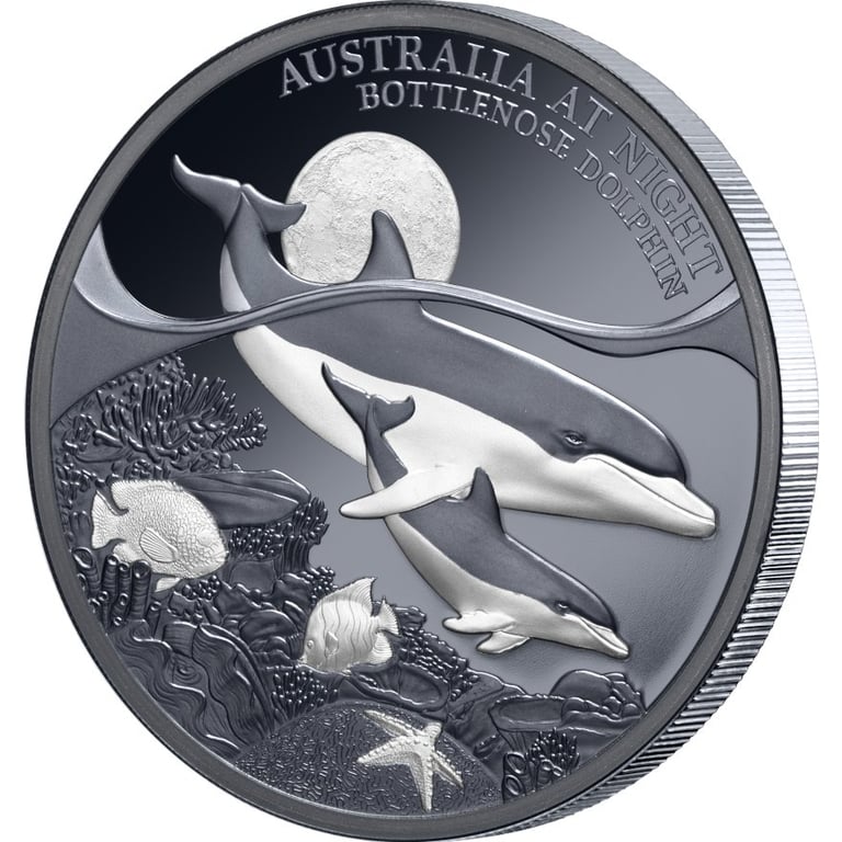 Side view of the Silver Bottlenose Dolphin 1 oz Black Proof - 2025