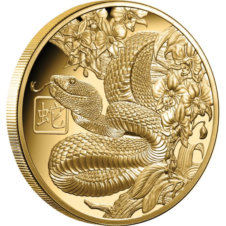 Side view of the Gold Year of the Snake - 1 oz PF - 2025