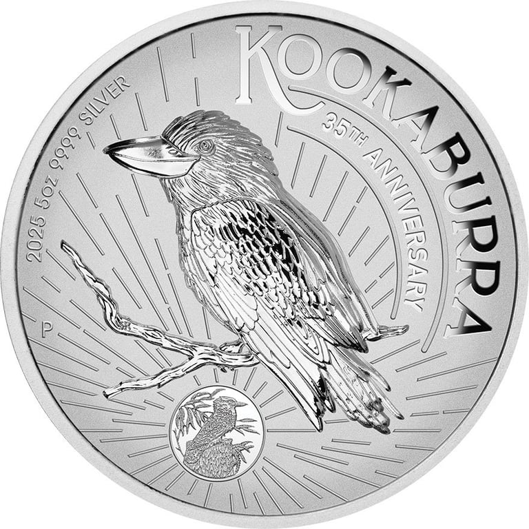 Front of the Silver Kookaburra 5 oz PF - 35th Anniversary - Incused 2025