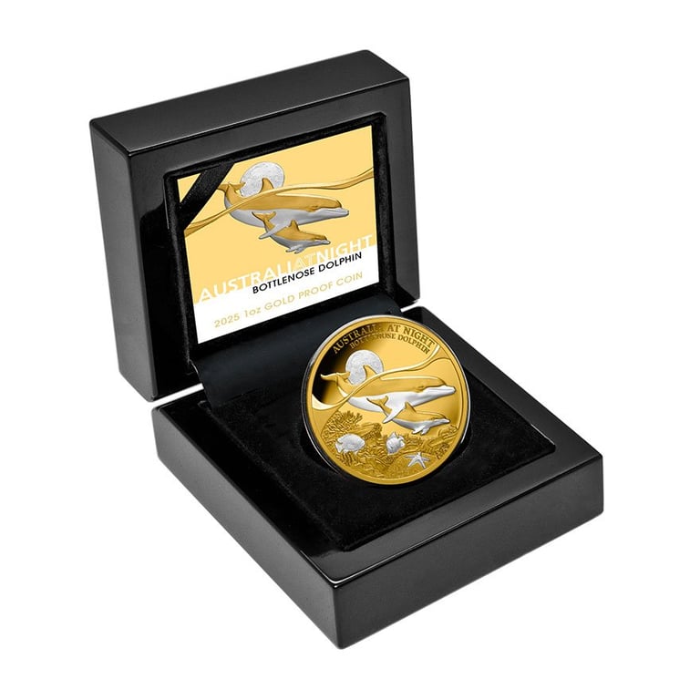 Gold Bottlenose Dolphin 1 oz - Platinum-plated 2025 in the original coin case