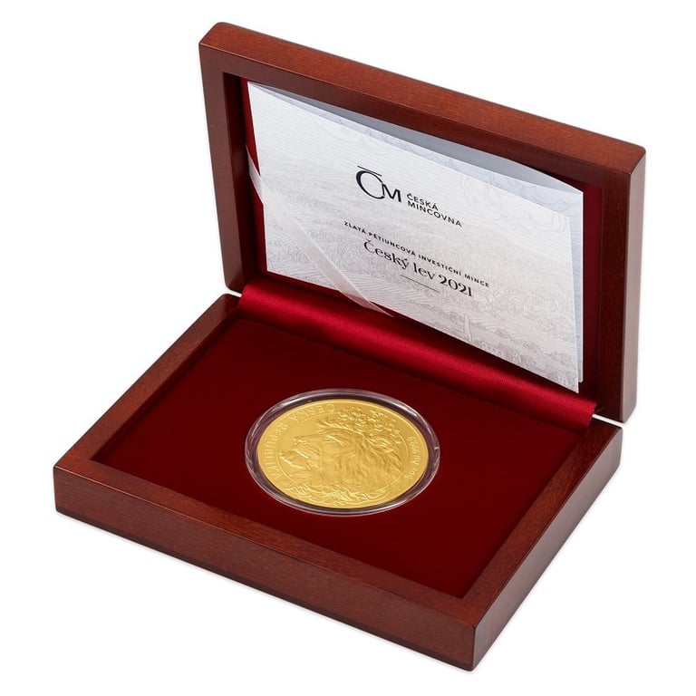 Gold Czech Lion 5 oz - 2021 in the original coin case