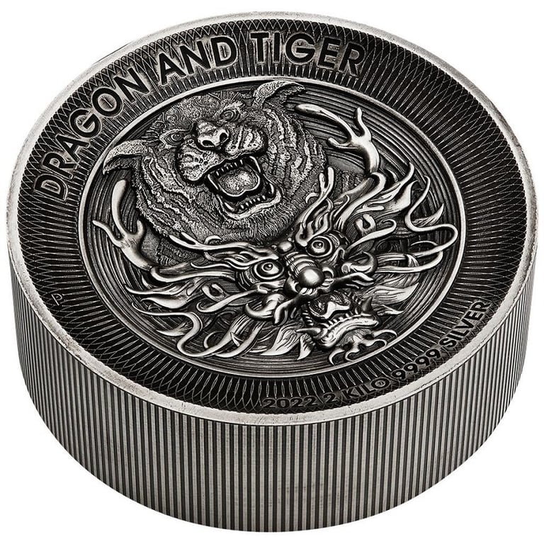Side view of the Silver Dragon & Tiger 2000 g Antique Finish - High Relief - 2022