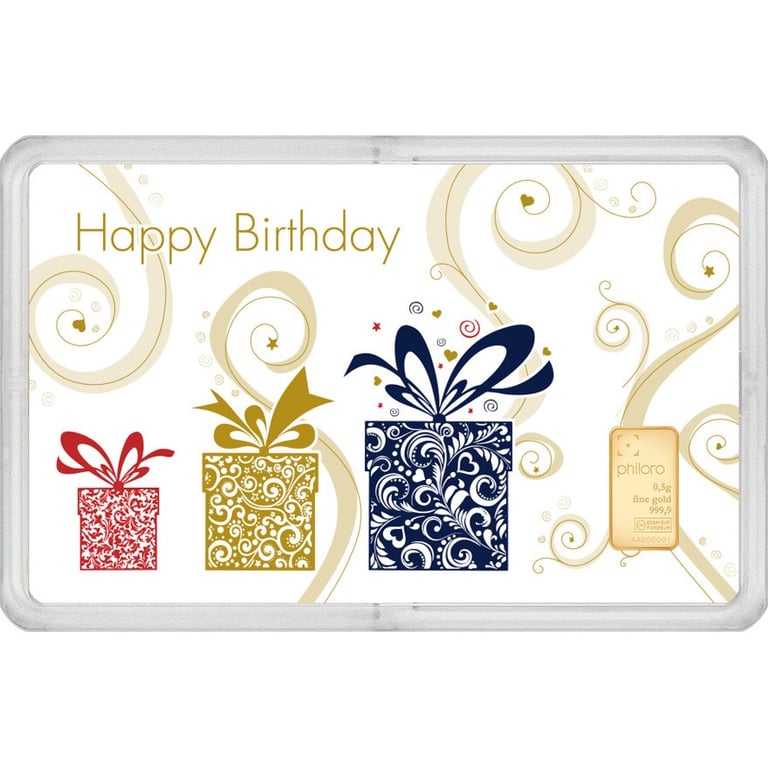 Front of the Gold bar 0.5 g - philoro gift card “Happy Birthday”