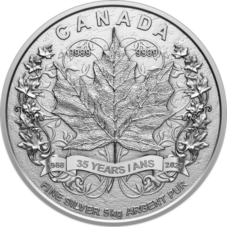 Front of the Silver Maple Leaf 5000 g Matte Proof - 35th Anniversary - 2023