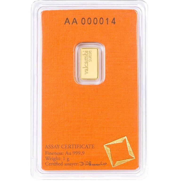 Back of the Gold bar 1 g - Valcambi in the blister card