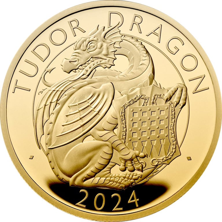 Front of the Gold Tudor Dragon 1 oz PF - Royal Tudor Beasts 2024