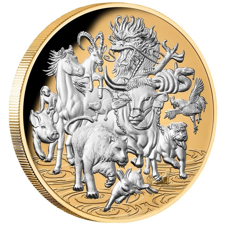 Side view of the Silver Great Lunar Race 5 oz PF - Partly gold plated