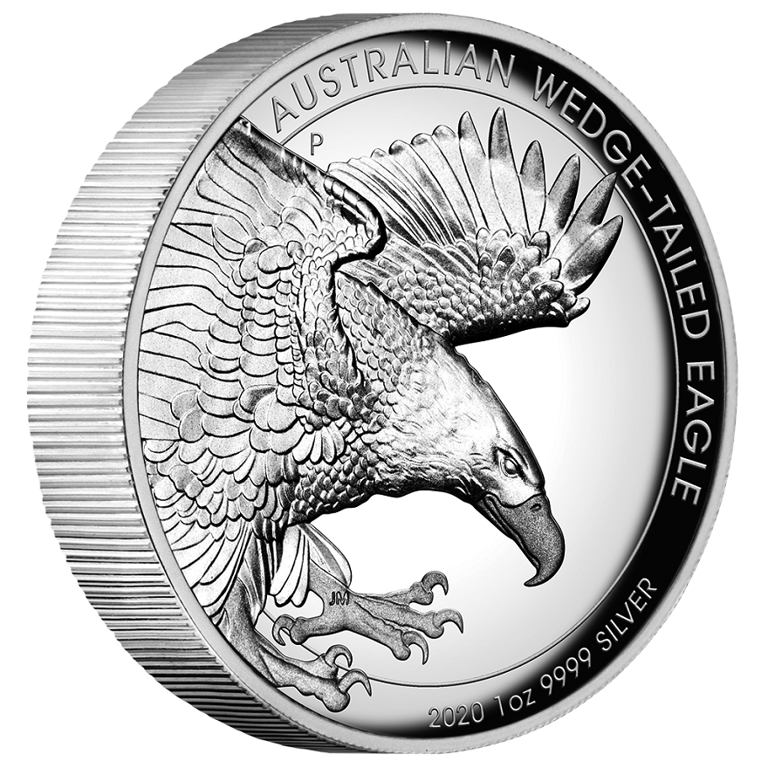 Side view of the Silver Wedge Tailed Eagle 1 oz PF - High Relief 2020