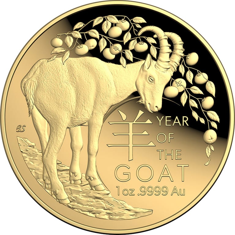 Front of Gold Lunar Goat 1 oz PF domed coin - RAM 2027