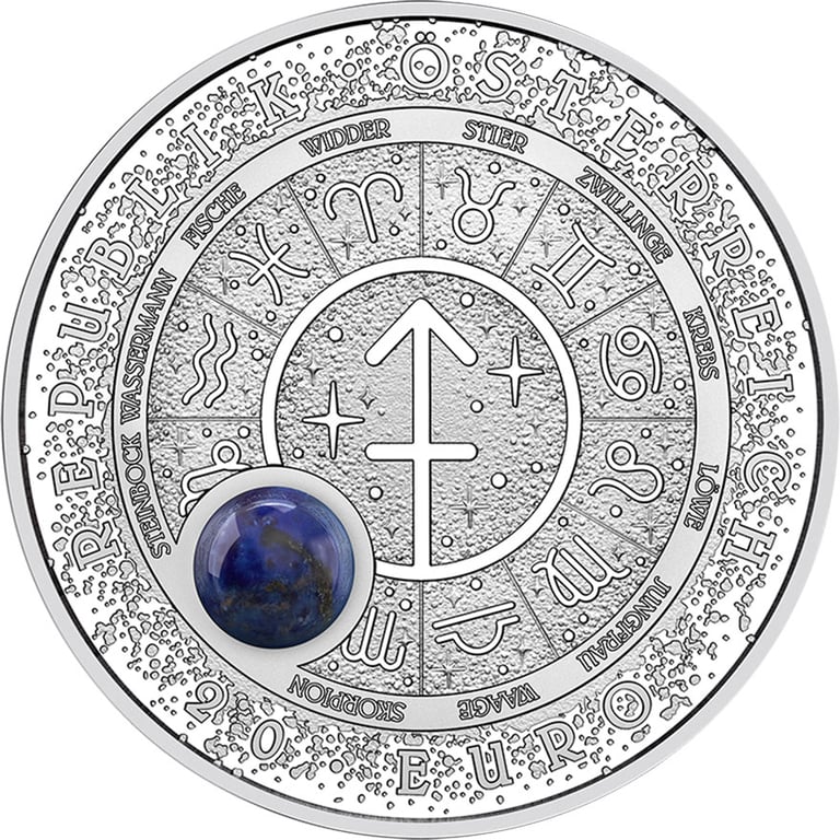 Back of Silver Zodiac Signs – Sagittarius 20 EUR Proof AUT – Sodalite 2026