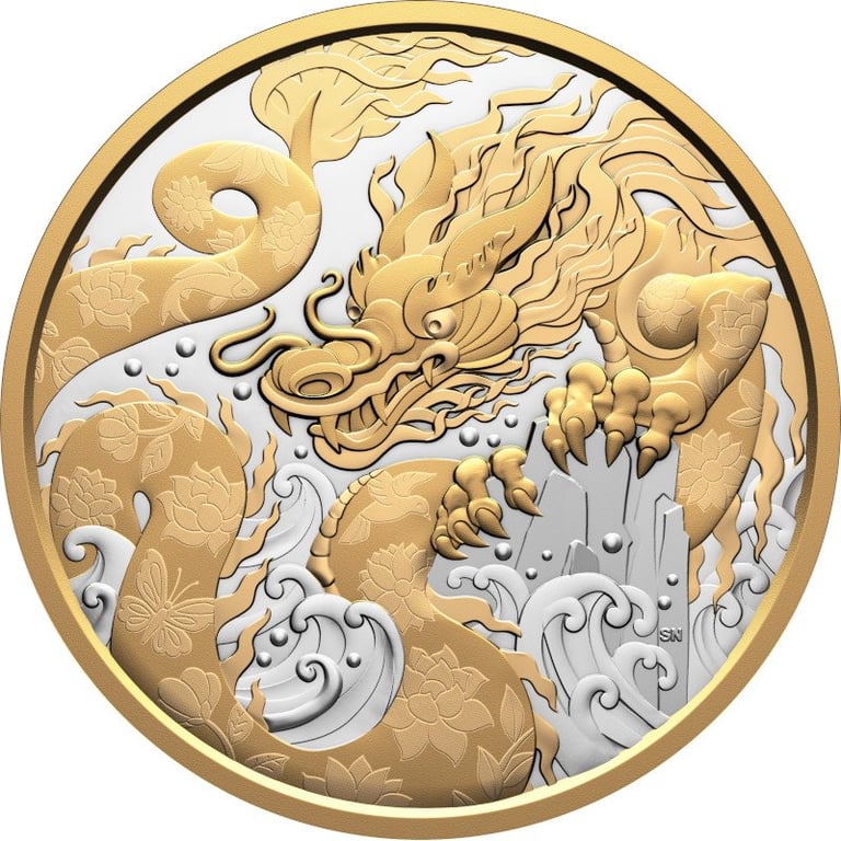 Front of the Silver Water Dragon 5 oz PF - Partly gold plated 2025