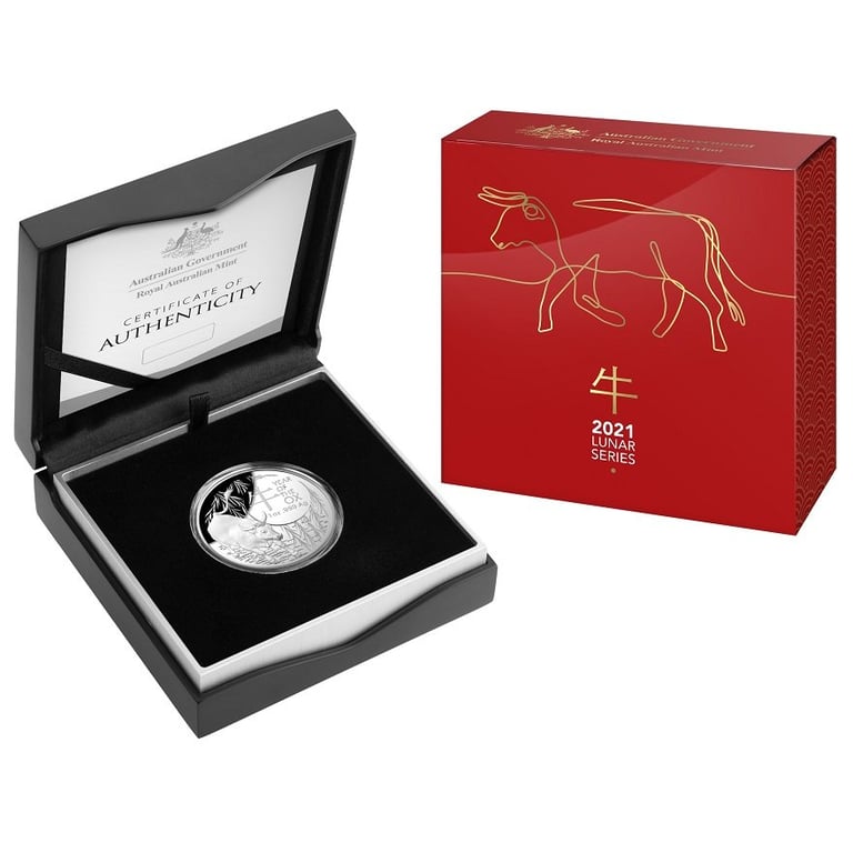 Silver 1 oz Lunar Ox PF domed coin - RAM 2021 in the original coin case