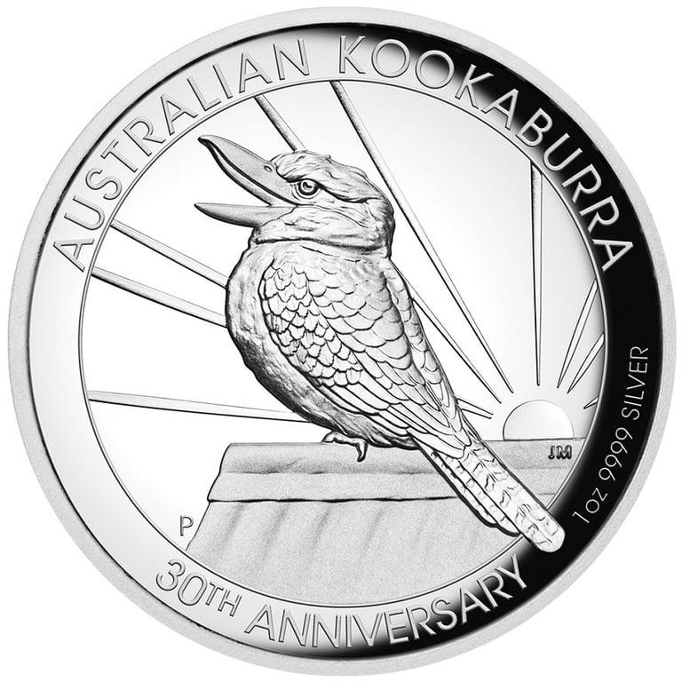 Front of the Silver Kookaburra 1 oz PF - 30th Anniversary - High Relief