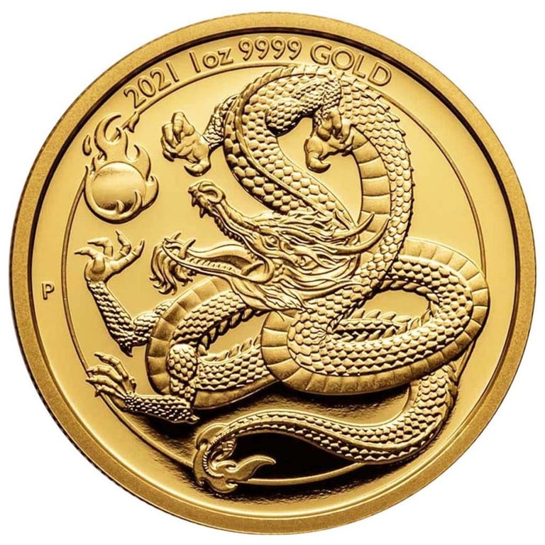 Front of the  Gold Dragon - Chinese Mythical Creatures - 1 oz PF 2021