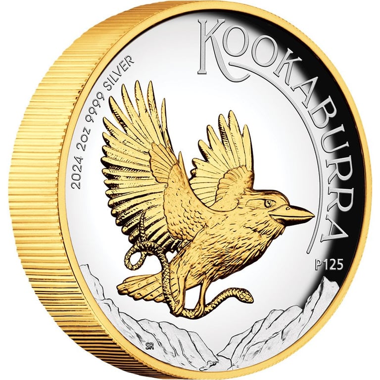 Side view of the Silver Kookaburra 2 oz PF - High Relief 2024