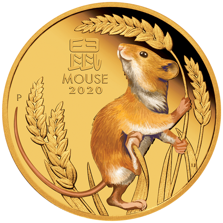 Front of the Gold Lunar III Mouse 1 oz PF - colored 2020