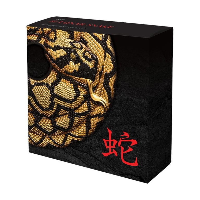 Original coin case of the Silver Year of the Snake - 5 oz Black Proof - Part gold plated 2025