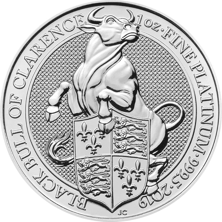 Front of the Platinum The Black Bull of Clarence 1 oz - The Beasts of the Queen 2019