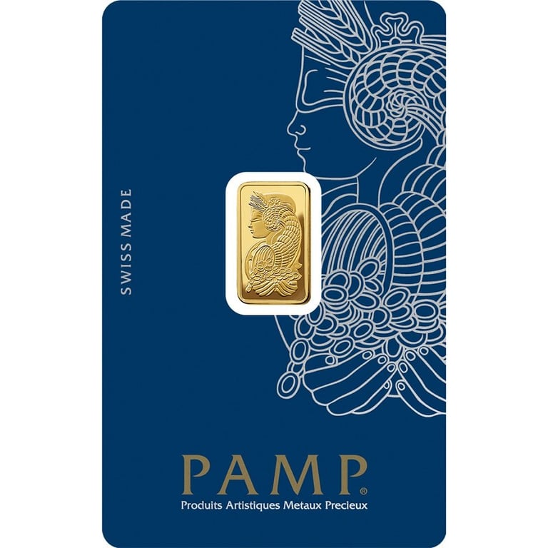 Front of the Gold bar 2.5 g ""Fortuna"" - PAMP in the blister card