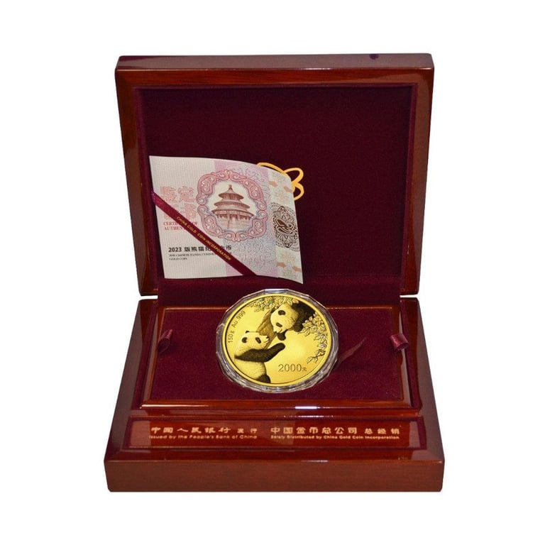 Gold China Panda 150 g PF - Iridescent 2023 in the original coin case
