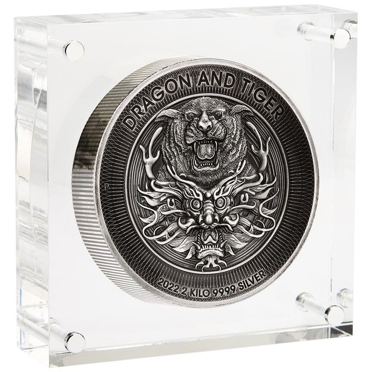 Silver Dragon & Tiger 2000 g Antique Finish - High Relief - 2022 in the original coin case