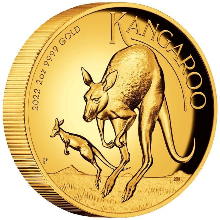 Side view of the Gold Kangaroo 2 oz PF - High Relief - 2022
