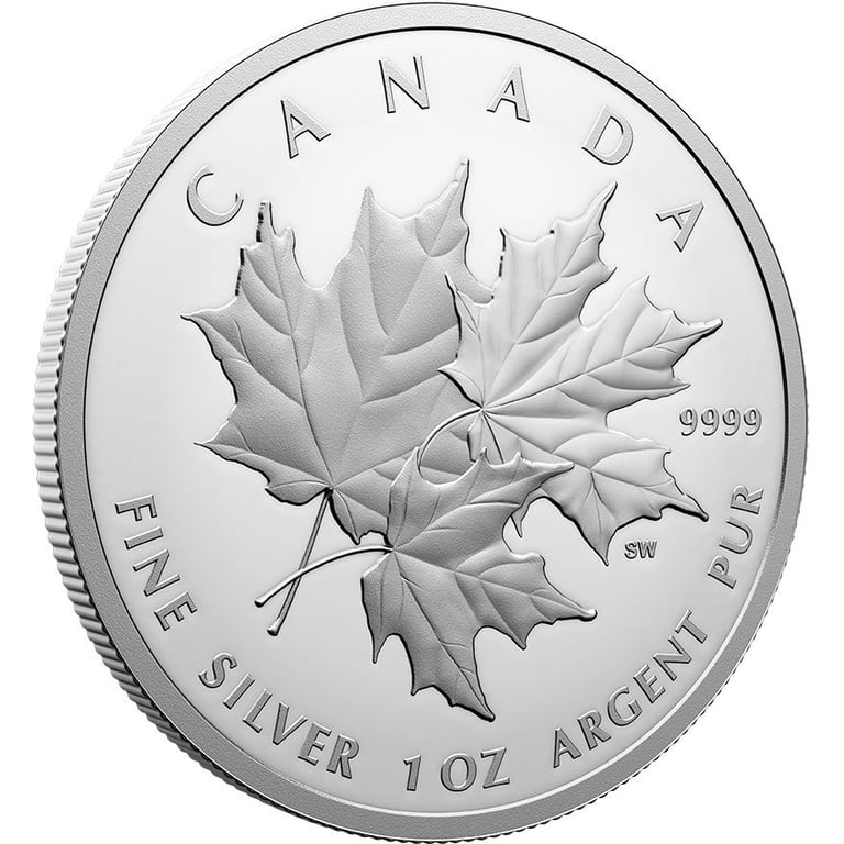 Side view of the Silver Triple Maple Leaf 1 oz PF - 2025