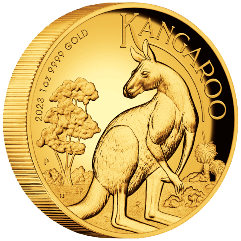 Side view of the Gold Kangaroo 1 oz PF - High Relief 2023