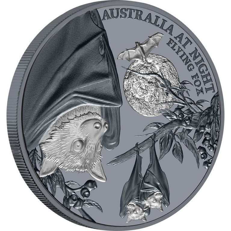 Side view of the Silver flying fox 1 oz 2023 - Black Proof