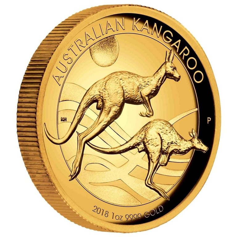Side view of the Gold Kangaroo 1 oz PF - High Relief 2018