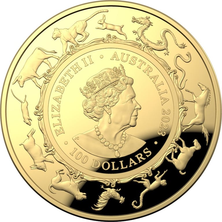 Back of the Gold Lunar Hare 1 oz PF domed coin - RAM 2023