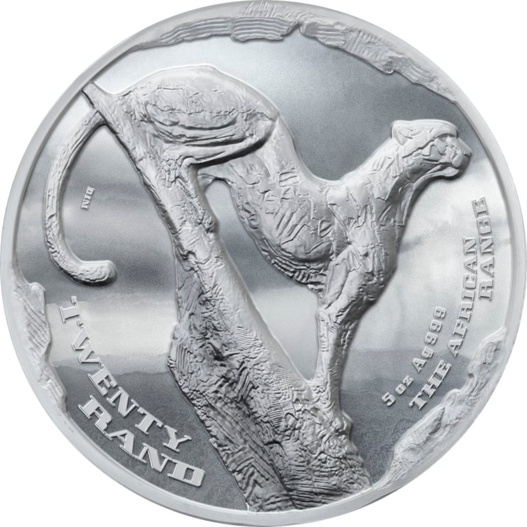 Front of Silver Cheetah 5 oz Proof - The African Range - High Relief 2026