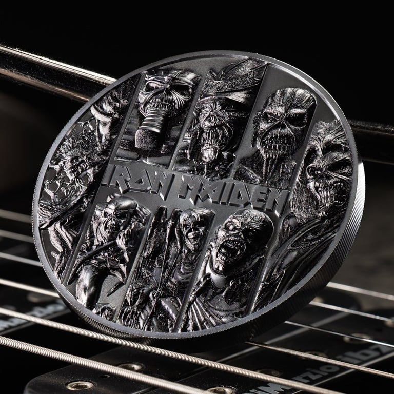 Side view of the Silver Iron Maiden - Eddie 3 oz Black Proof - Ultra High Relief
