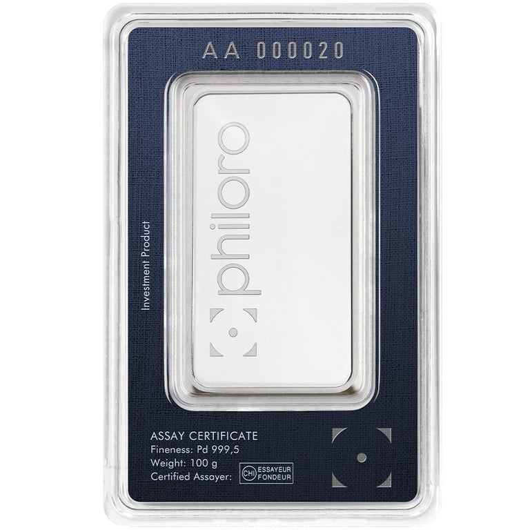 Back of the Palladium bar 100 g - philoro in the blister card