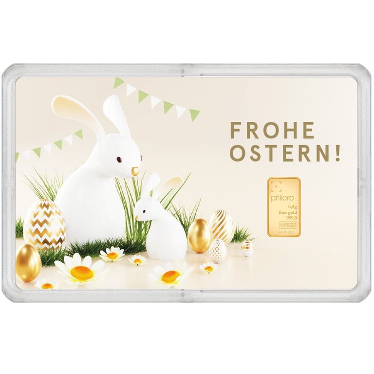 Front of the Goldbarren 0,5 g - philoro Geschenkkarte ""Goldene Ostern""