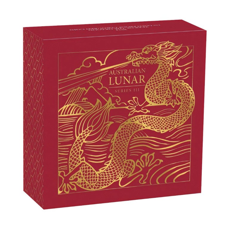 Original coin case of the Gold Lunar III Dragon 1 oz Proof - colored 2024