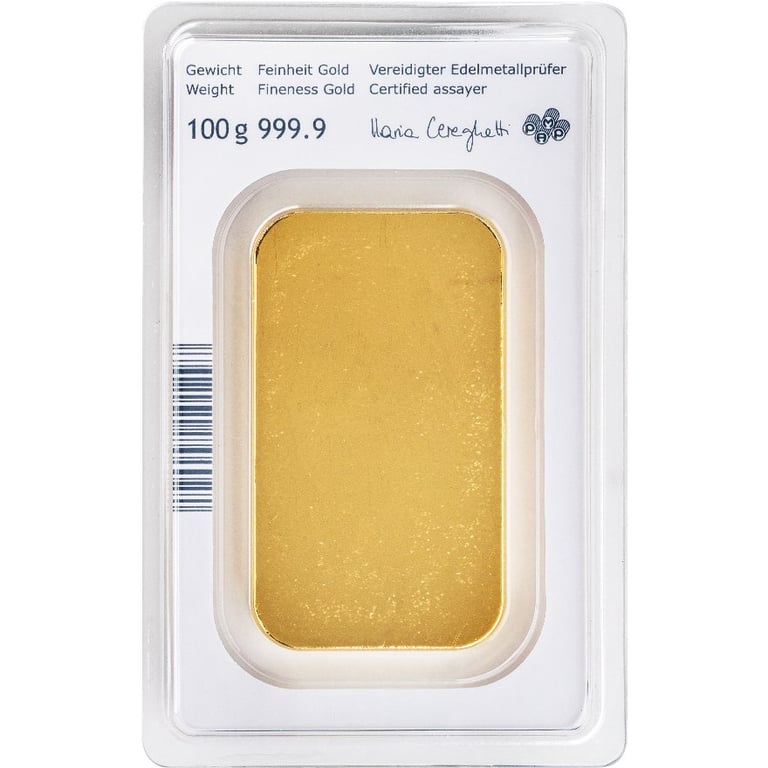 Back of the Gold bar 100 g - Austrian Mint in the blister card (Production version 2)
