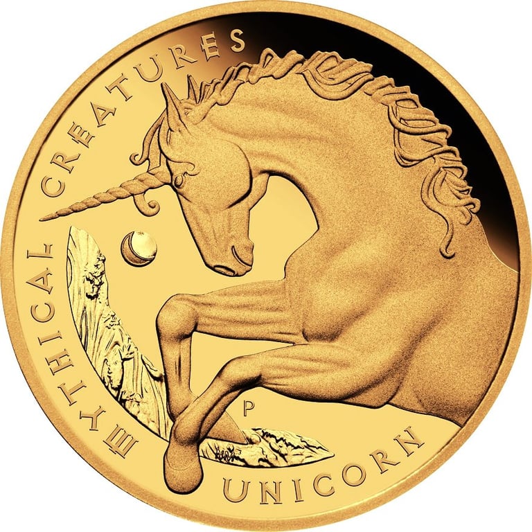 Front of the Gold Mythical Creatures 5 oz PF - Unicorn 2021