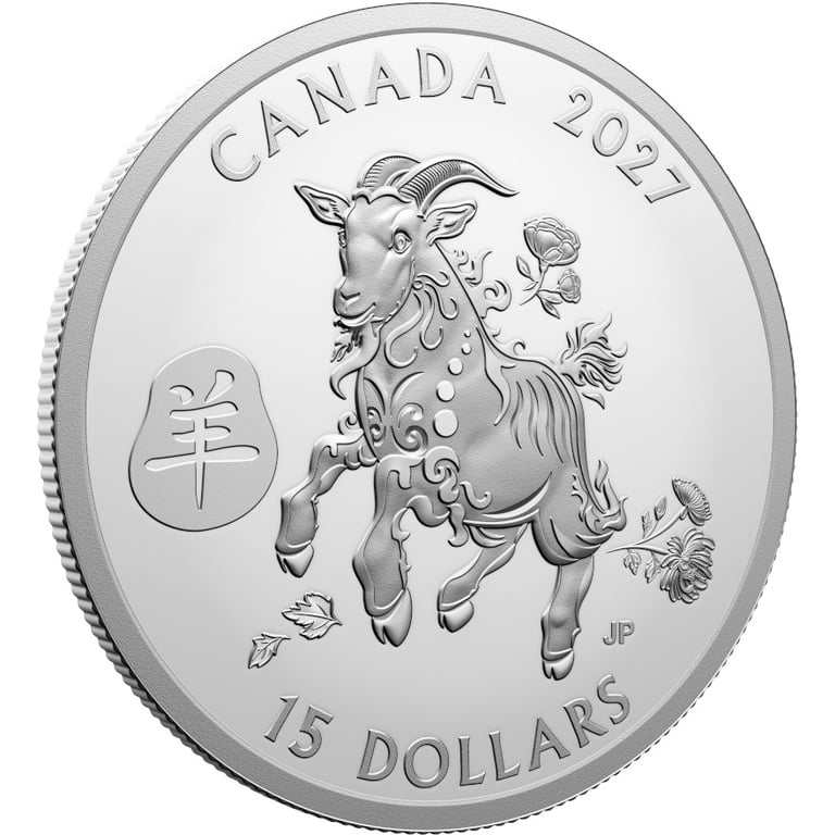 Side view of Silver Lunar Goat 1 oz PF - Royal Canadian Mint 2027