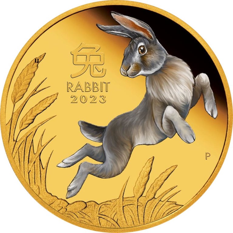 Front of the Gold Lunar III Rabbit 1 oz PP - colored 2023