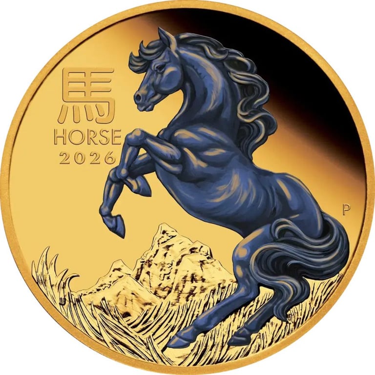 Front of Gold Lunar colored horse 1 oz - Proof 2026
