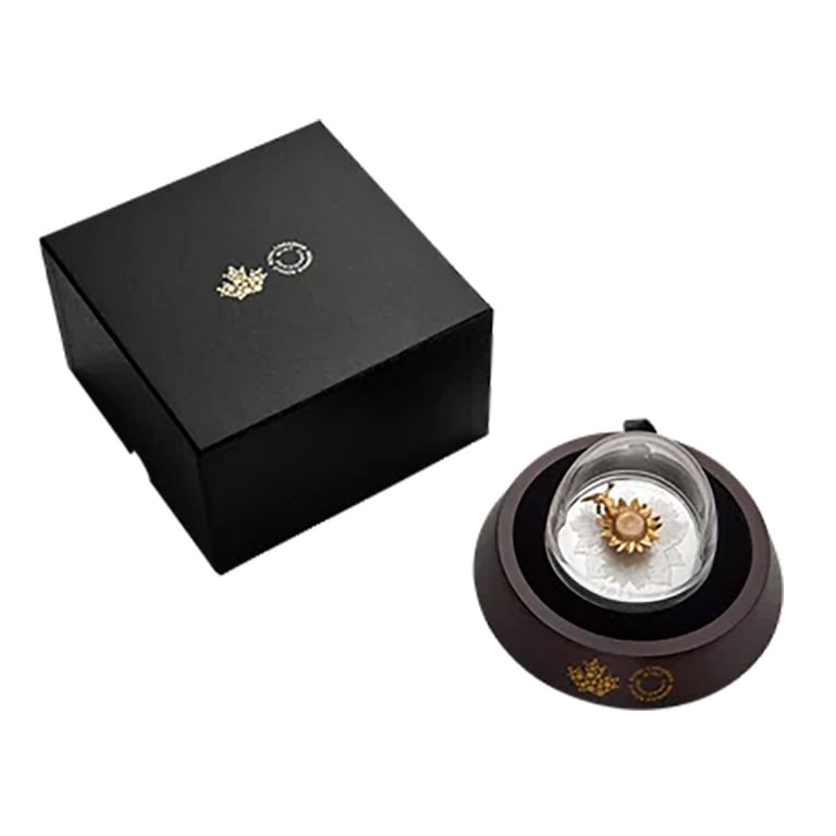 Original coin case & sleeve of the Silver The Goldfinch and the Bloom 5 oz Proof - Gilded 3D Elements