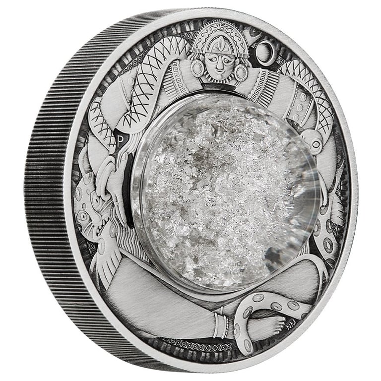 Side view of the Silver Tears of the Moon 2 oz - 2021 - Antique Finish